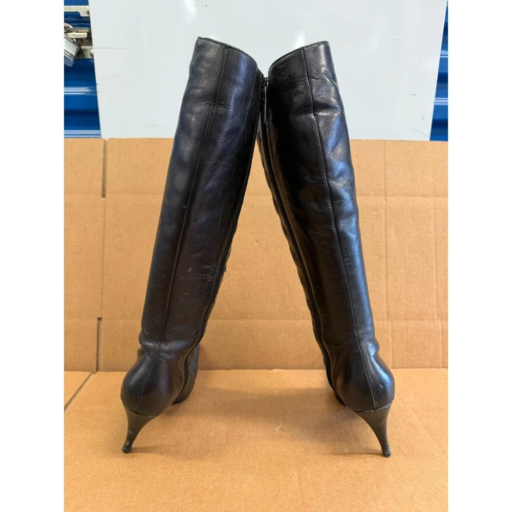 Chanel Quilted Leather Chain Pointed Toe Knee-high Boots Black Womens Size 36 EU